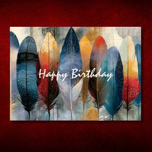 Carte Joyeux Anniversaire aux plumes bohèmes colorées