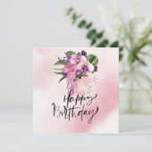 Carte Joyeux anniversaire avec aquarelle orchidée violet (Debout devant)