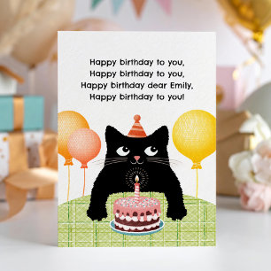 Carte Joyeux anniversaire avec chat, gâteau et bougie
