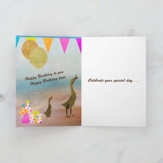 Carte Joyeux anniversaire avec gâteau, cadeaux, ballons  (Intérieur)