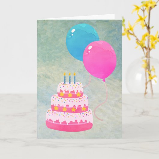 Carte Joyeux anniversaire avec gâteau, cadeaux, ballons  (Fleur jaune)