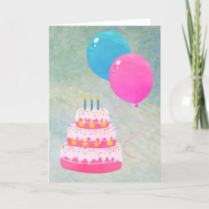 Carte Joyeux anniversaire avec gâteau, cadeaux, ballons 