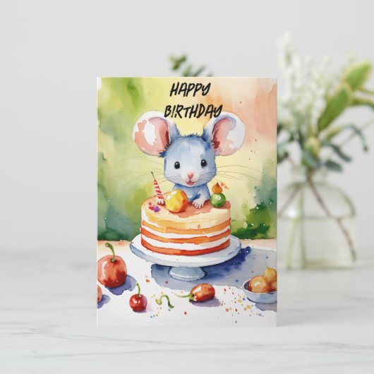 Carte joyeux anniversaire avec petite souris (Debout devant)