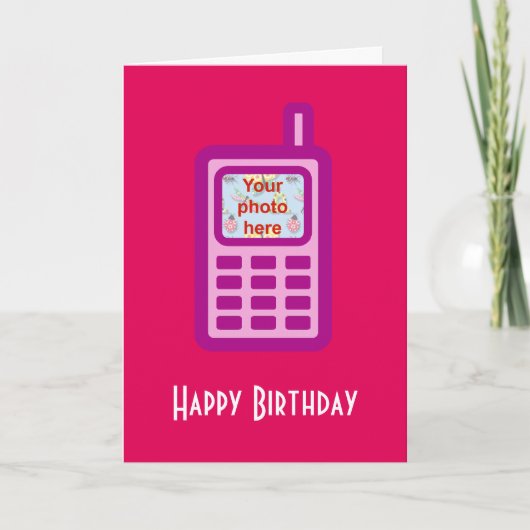 Carte Joyeux anniversaire avec téléphone portable rose a (Devant)