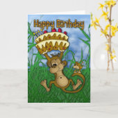 Carte Joyeux Anniversaire avec un singe tenant cake (Fleur jaune)