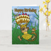 Carte Joyeux Anniversaire avec un singe tenant cake (Fleur jaune)