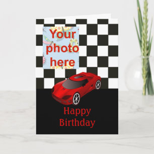 Carte Joyeux anniversaire avec voiture de course rouge