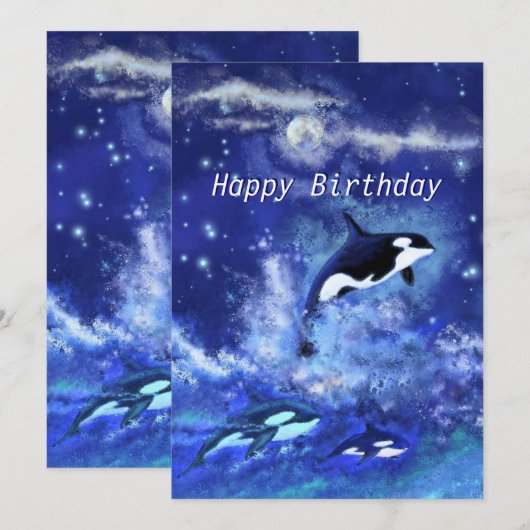 Carte Joyeux anniversaire - Baleines tueuses en Pleine l (Devant / Derrière)