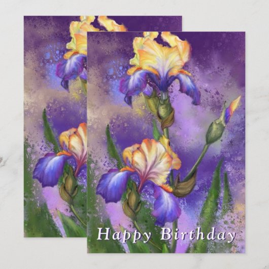 Carte Joyeux Anniversaire - Belle Fleur Iris (Devant / Derrière)