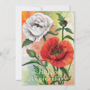 Carte Joyeux Anniversaire - Belles Poppies Blanches Roug
