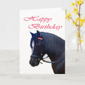 Carte Joyeux anniversaire, Black Welsh Pony. (Fleur jaune)