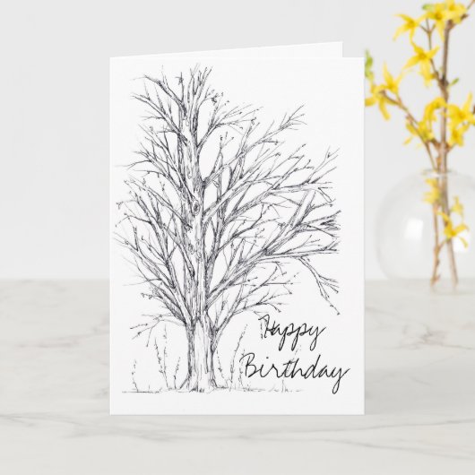 Carte Joyeux anniversaire Black White Tree Line Dessin d (Fleur jaune)