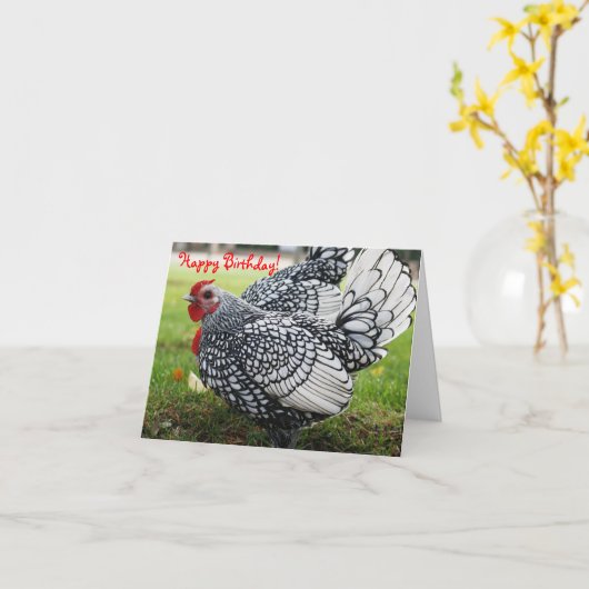 Carte Joyeux anniversaire, blanc, coq (Fleur jaune)