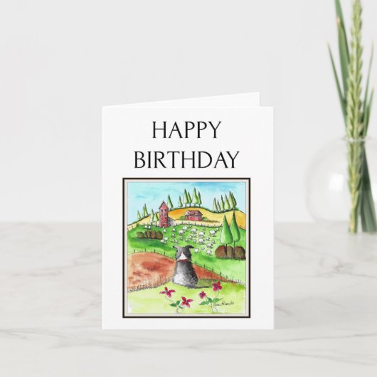 Carte Joyeux Anniversaire, Bordure Collie, Moutons, Art (Devant)
