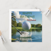 Carte Joyeux Anniversaire Boule de golf frappant l'eau (Devant/Arrière en situation)