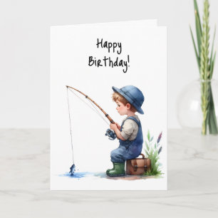 Carte Joyeux Anniversaire Boy Fishing Pond Overalls Casq