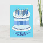 Carte Joyeux anniversaire Brother Cartoon gâteau et boug<br><div class="desc">Un gâteau d'anniversaire géant bleu et blanc avec un arc autour et les mots "Happy Birthday Brother". Le gâteau est couvert de bougies éclairées.</div>