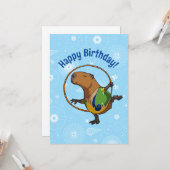 Carte Joyeux anniversaire ! Capybara Gymnaste Avec Dessi (Devant/Arrière en situation)