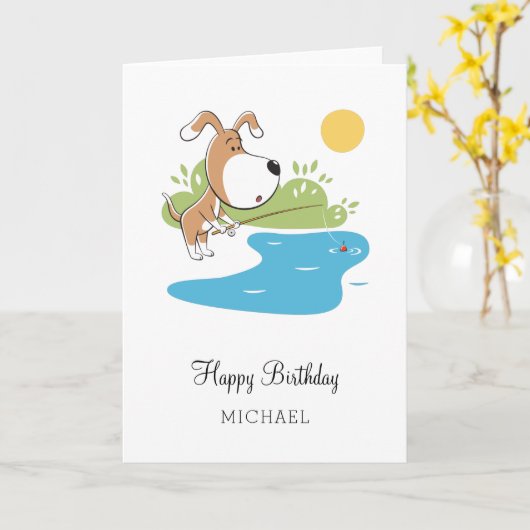 Carte Joyeux Anniversaire Caricature Chien mignon Pêche (Fleur jaune)