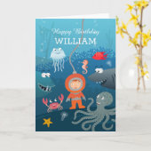 Carte Joyeux anniversaire Cartoon Diver Vie sous-marine (Fleur jaune)