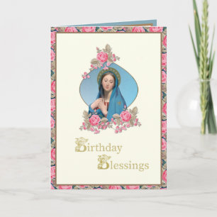 Carte Joyeux Anniversaire Catholique Roses Vierge Marie
