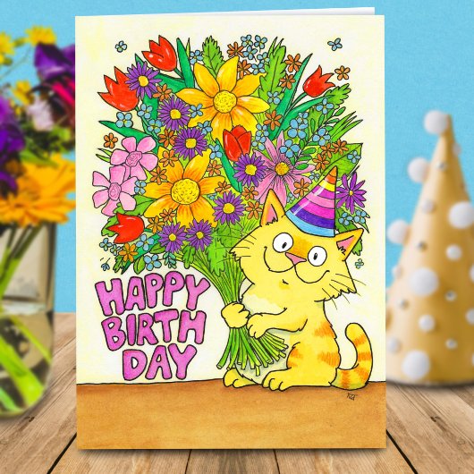 Carte Joyeux Anniversaire Chat avec Fleurs Message
