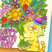 Carte Joyeux Anniversaire Chat avec Fleurs Message