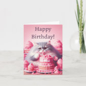 Carte Joyeux Anniversaire Chat Avec Gâteau Rose (Devant)