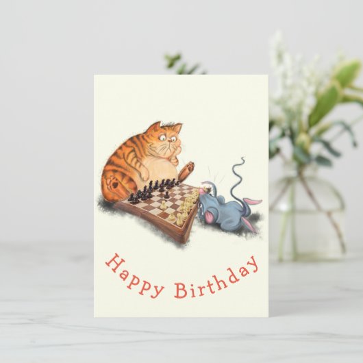Carte Joyeux anniversaire - Chat et souris Jouer aux éch (Debout devant)