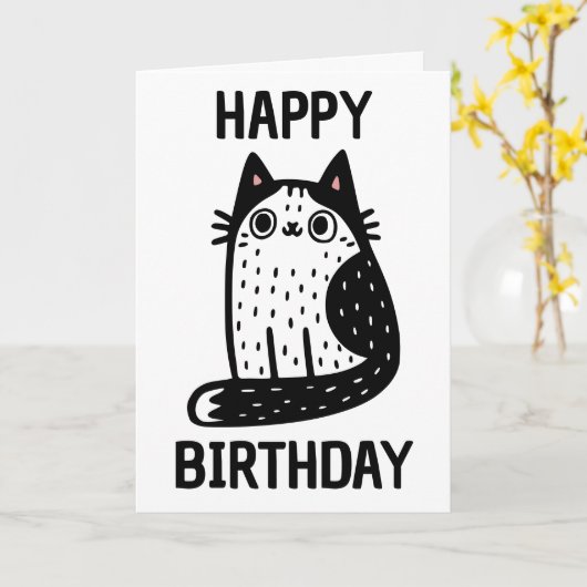 Carte Joyeux Anniversaire Chat Noir Et Blanc (Fleur jaune)