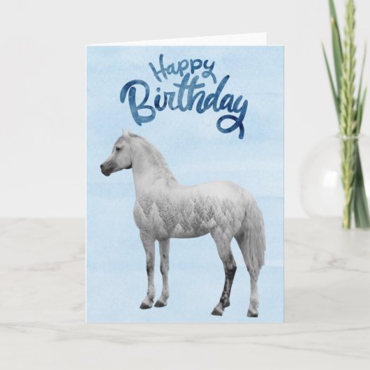 Carte Joyeux Anniversaire Cheval Blanc Neigeux (Devant)