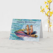 Carte Joyeux anniversaire, chien de corgi conduisant son (Fleur jaune)
