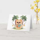 Carte Joyeux Anniversaire Chien Poméranien Dans Un Hamac (Fleur jaune)