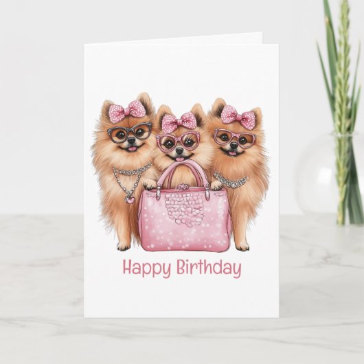 Carte Joyeux anniversaire Chiens de Poméranie à la mode (Devant)