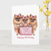 Carte Joyeux anniversaire Chiens de Poméranie à la mode (Fleur jaune)