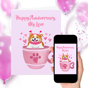 Carte Joyeux Anniversaire Coeurs roses Corgi