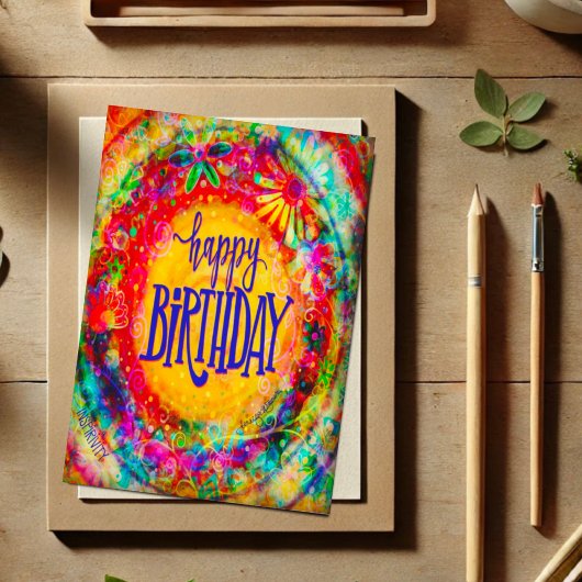 Carte Joyeux Anniversaire Coloré Joli Floral Fun Bohème