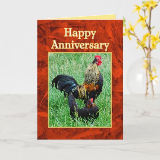 Carte Joyeux Anniversaire Coq et Poule Plumes Rouges (Fleur jaune)