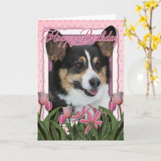 Carte Joyeux anniversaire - Corgi (Fleur jaune)