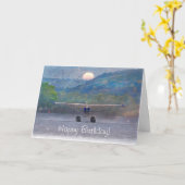 Carte Joyeux Anniversaire Coucher de soleil hydravion (Fleur jaune)