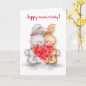 Carte Joyeux anniversaire, couple de lapins avec coeur (Fleur jaune)
