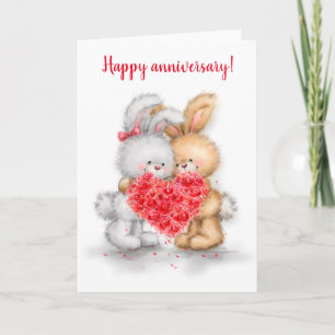 Carte Joyeux anniversaire, couple de lapins avec coeur