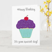 Carte Joyeux anniversaire Cupcake violet cerise (Fleur jaune)