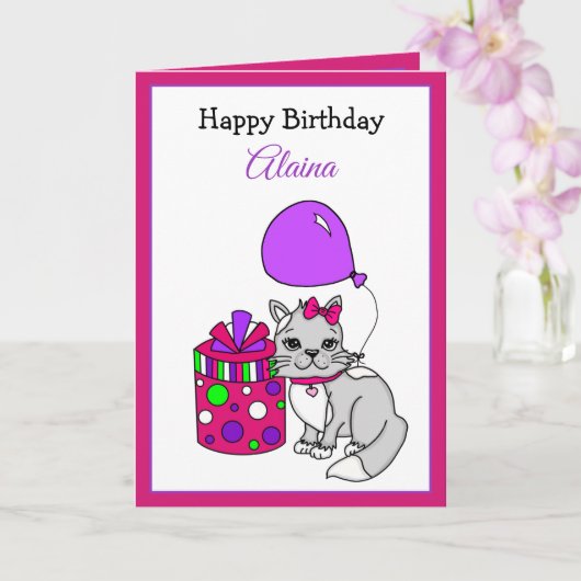 Carte Joyeux anniversaire Cute Kitty Cat Girl'anniversai (Orchidée)