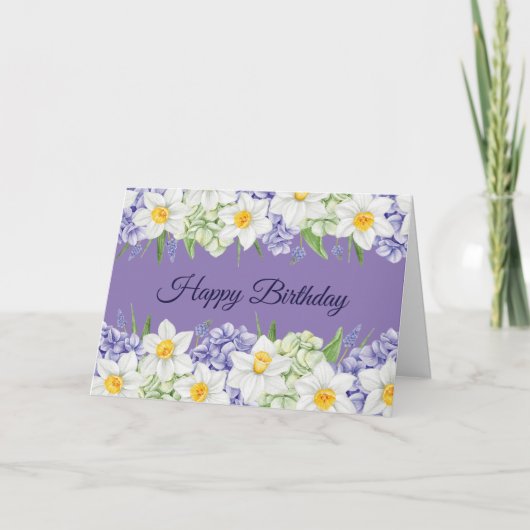 Carte Joyeux anniversaire Daffodil et fleurs d'Hydrangea (Devant)