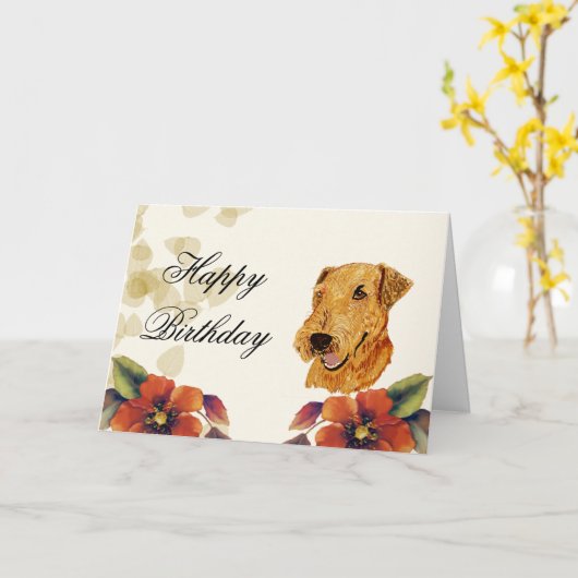 Carte Joyeux anniversaire d'Airedale (Fleur jaune)