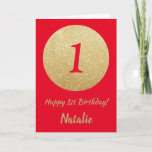 Carte Joyeux anniversaire de Birthday Red and Gold Glitt<br><div class="desc">Happy 1st Birthday Red and Gold Glitter Card with personalized name For further customization,  please click the "Customize it" button and use our design tool to modify this template.</div>