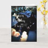 Carte Joyeux anniversaire de chat espiègle (Fleur jaune)