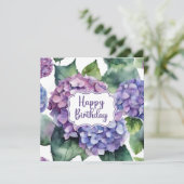 Carte Joyeux Anniversaire de fleurs d'hydrangée violette (Debout devant)