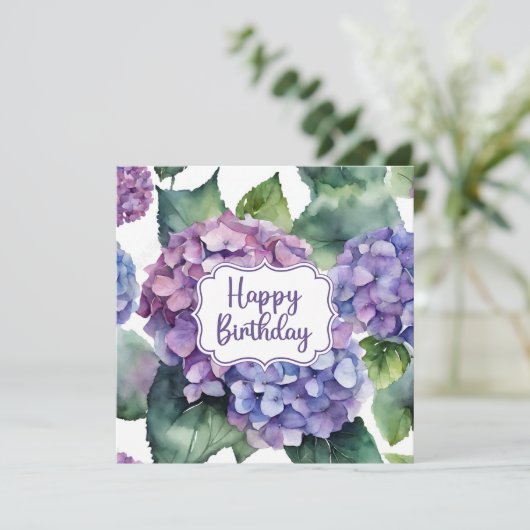 Carte Joyeux Anniversaire de fleurs d'hydrangée violette (Debout devant)